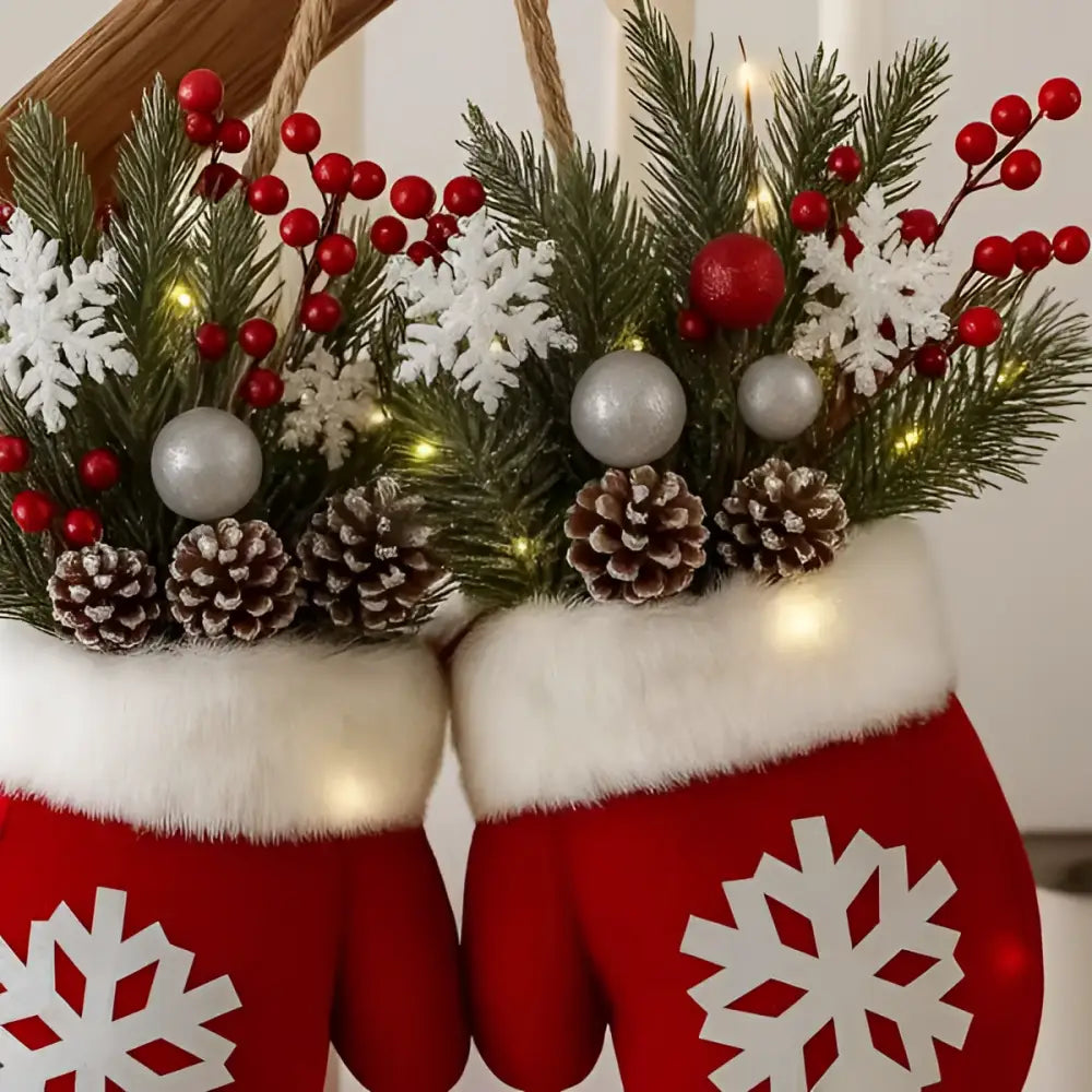 Red christmas mittens with white faux fur trim and glittery snowflakes in a glove shaped wreath with festive greenery