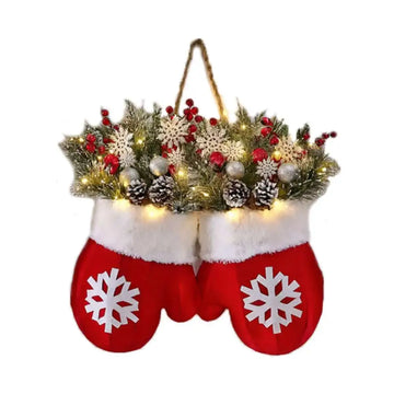 Christmas garland creative glove shaped wreath with red mittens, white snowflakes, festive greenery, berries, pinecones, and leds