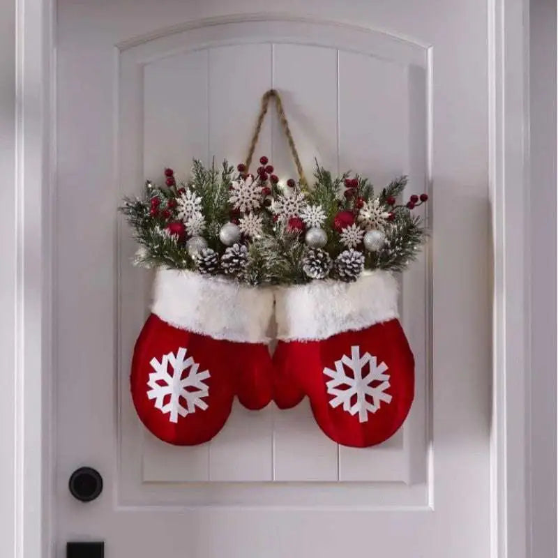 Christmas garland creative glove shaped wreath featuring red and white mittens adorned with festive greenery and ornaments