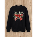 Black christmas ribbon women basic casual pullover with vibrant red ribbon and green pine design for pullover spring wear