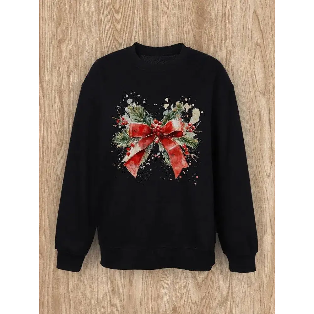 Black christmas ribbon women basic casual pullover with vibrant red ribbon and green pine design for pullover spring wear