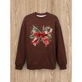 Brown christmas ribbon women casual pullover spring wear featuring a red bow with green holly and berries print