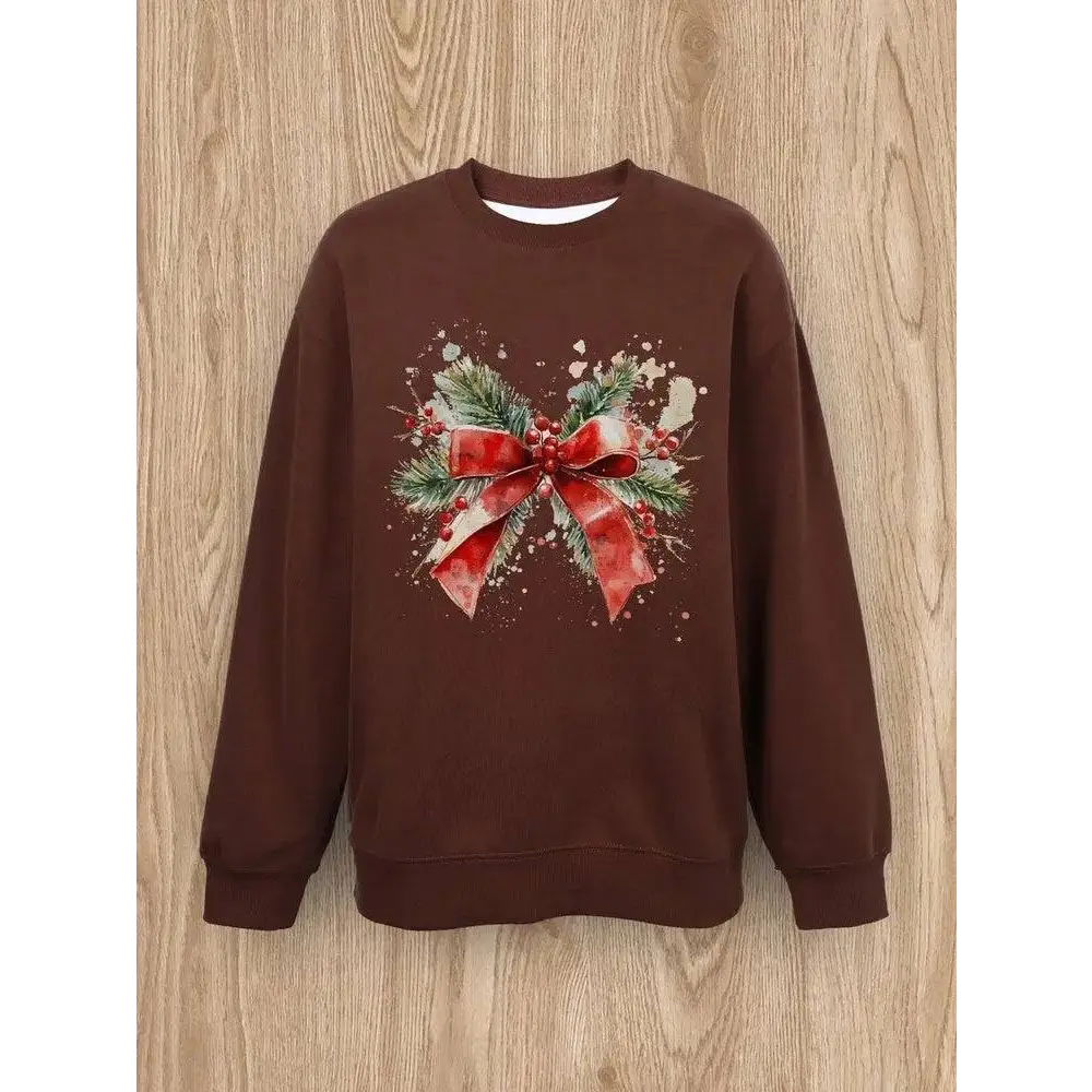 Brown christmas ribbon women casual pullover spring wear featuring a red bow with green holly and berries print