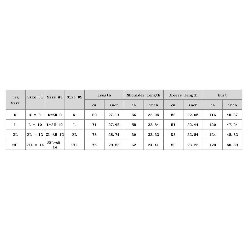 A detailed size chart for christmas ribbon women casual pullover spring wear with measurements in cm and inches