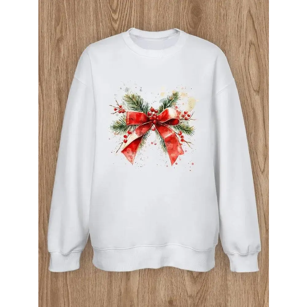 White sweatshirt casual pullover spring with festive christmas ribbon women design of red bow pine branches and berries