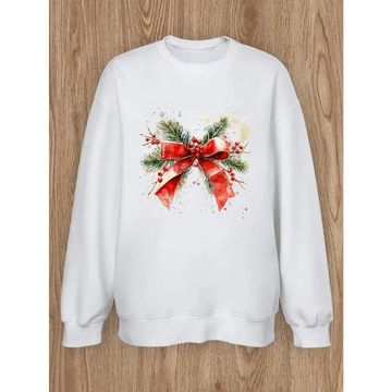 White sweatshirt casual pullover spring with festive christmas ribbon women design of red bow pine branches and berries