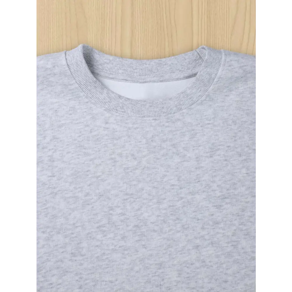 Gray heathered cotton crewneck christmas ribbon women casual pullover with ribbed collar and white inner lining for spring wear