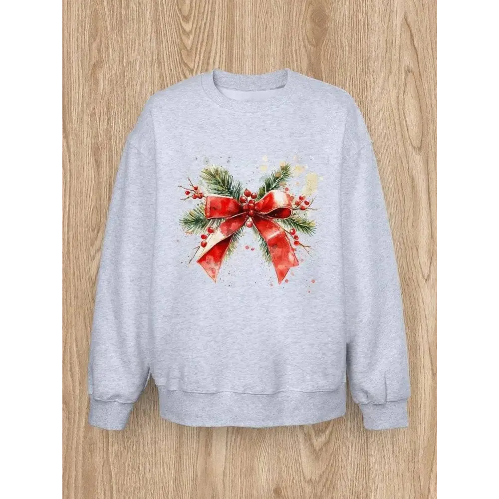 Gray sweatshirt casual pullover spring with christmas ribbon women festive red bow and green pine design