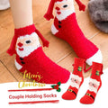 Red fluffy santa claus-themed magnetic suction couple warm slipper socks with embroidered faces and bone-like arms