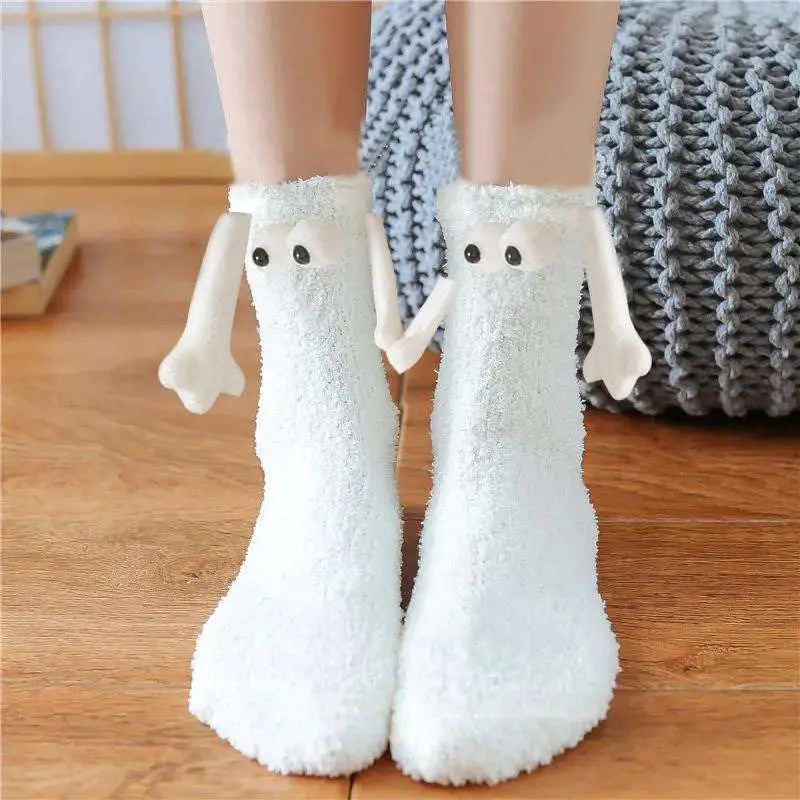 White plush warm slipper socks with magnetic suction couple design featuring cute cartoon faces and bone-like arms