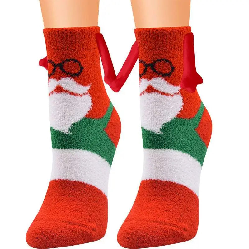 Christmas supplies magnetic suction couple socks in red green and white plush with santa claus design and red ribbon ties