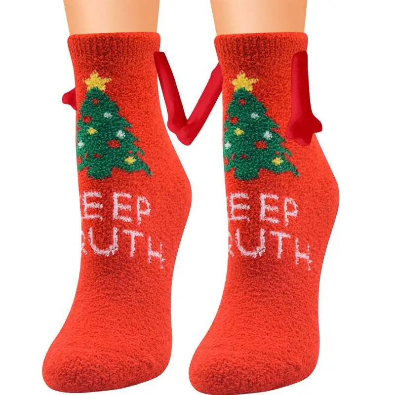 Red christmas-themed warm slipper socks with magnetic suction couple feature and green tree yellow star design keep it true text