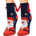 Navy blue and red plush christmas magnetic suction couple socks with fluffy santa design gold stars and red wings warm slipper socks