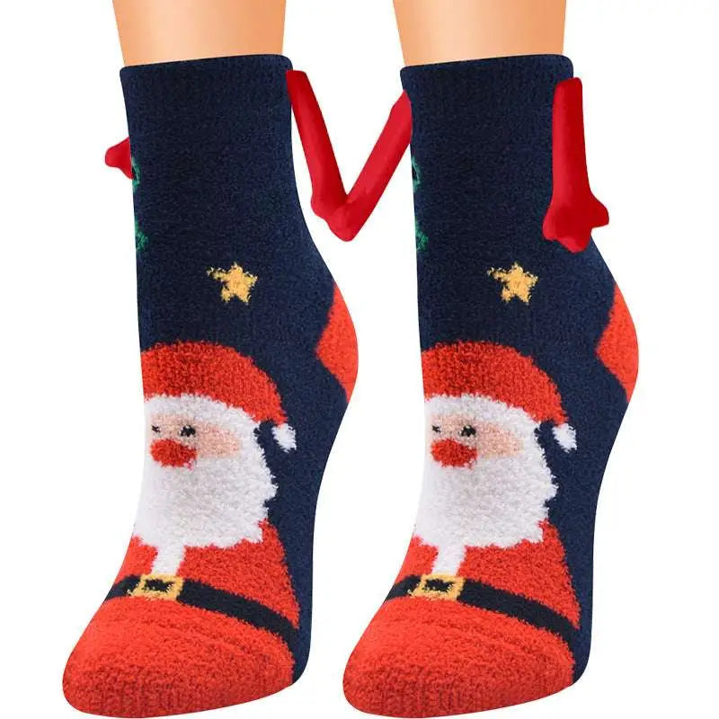 Navy blue and red plush christmas magnetic suction couple socks with fluffy santa design gold stars and red wings warm slipper socks