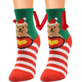 Red and white striped warm slipper socks with magnetic suction couple feature featuring teddy bear with santa hat