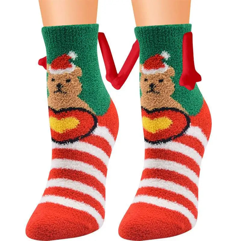 Red and white striped warm slipper socks with magnetic suction couple feature featuring teddy bear with santa hat