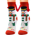 Cute white christmas snowman warm slipper socks with magnetic suction couple feature and happy xmas text at toe