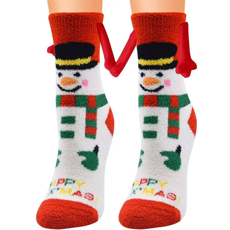 Cute white christmas snowman warm slipper socks with magnetic suction couple feature and happy xmas text at toe