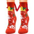 Red christmas-themed fuzzy warm slipper socks with festive houses trees and bells for magnetic suction couple use