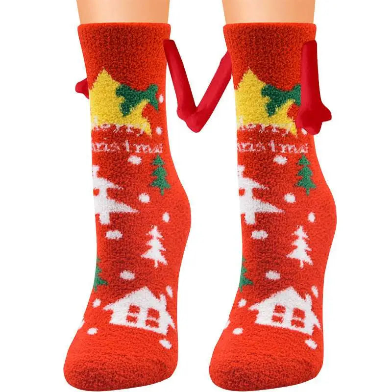 Red christmas-themed fuzzy warm slipper socks with festive houses trees and bells for magnetic suction couple use