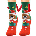 Christmas supplies magnetic suction couple socks in red and green featuring a brown bear with a tree warm slipper socks