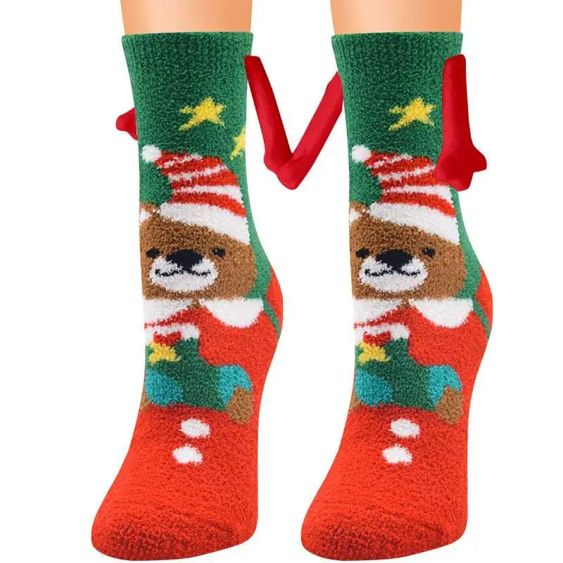 Christmas supplies magnetic suction couple socks in red and green featuring a brown bear with a tree warm slipper socks