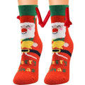 Red plush warm slipper socks with smiling santa design green cuffs red fabric antlers magnetic suction couple style