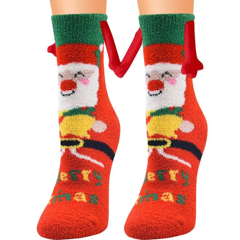 Red plush warm slipper socks with smiling santa design green cuffs red fabric antlers magnetic suction couple style