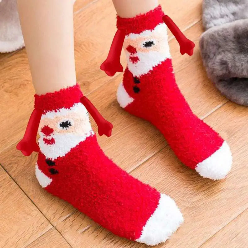Red and white fluffy santa claus magnetic suction couple warm slipper socks with embroidered face and red arm-like appendages