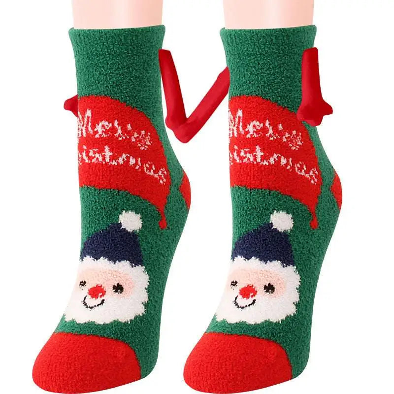 Green and red plush warm slipper socks with merry christmas embroidery and smiling santa for magnetic suction couple use