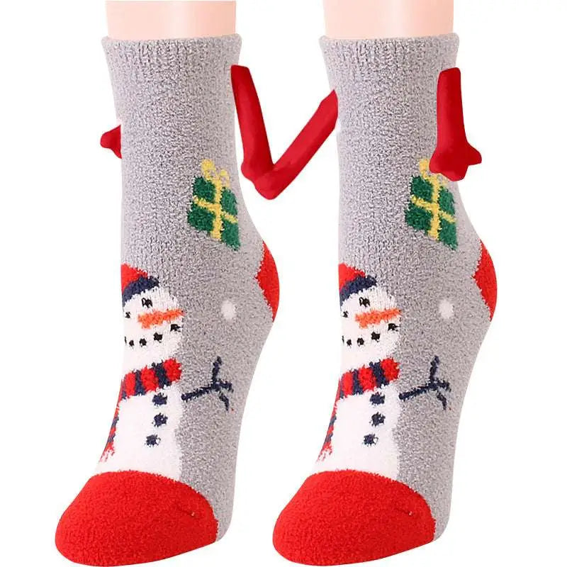 Gray fuzzy christmas supplies magnetic suction couple warm slipper socks featuring snowman and festive designs