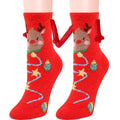 Red christmas-themed magnetic suction couple socks with plush reindeer face and embroidered holiday lights warm slipper socks