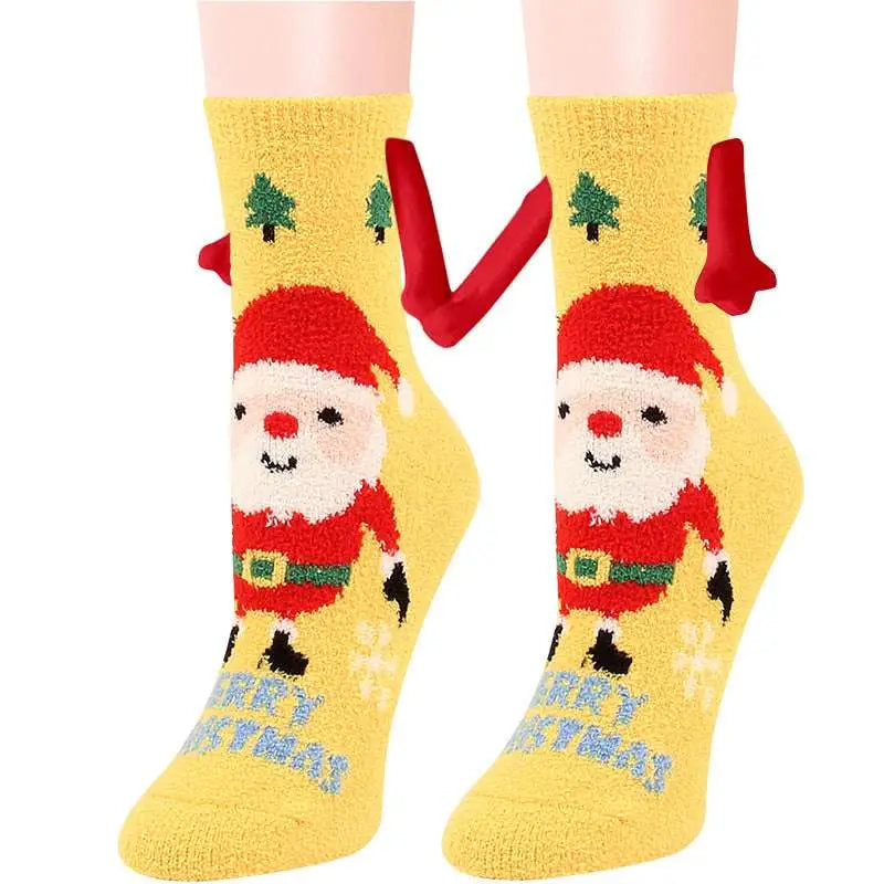 Yellow christmas-themed warm slipper socks with plush santa design and magnetic suction couple feature