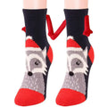 Black and red fuzzy warm slipper socks with a gray raccoon wearing santa hat and red antler tabs magnetic suction couple