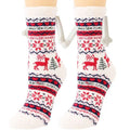 White red and navy blue festive magnetic suction couple warm slipper socks with reindeer and christmas tree patterns