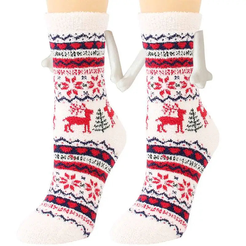 White red and navy blue festive magnetic suction couple warm slipper socks with reindeer and christmas tree patterns