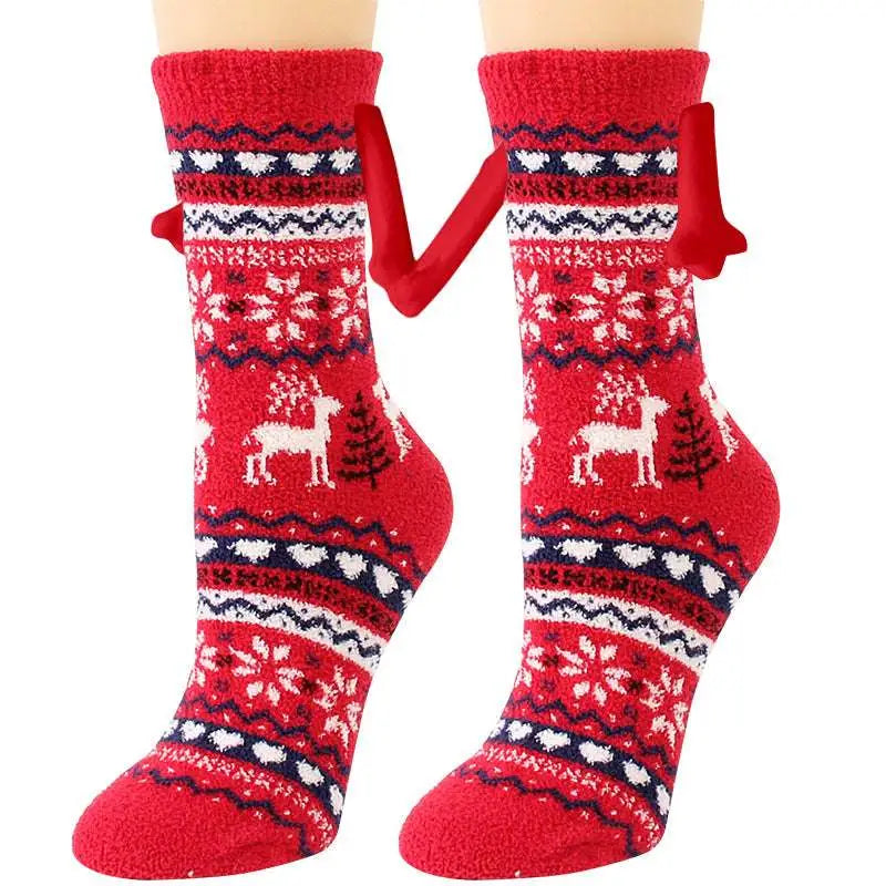 Red christmas-themed warm slipper socks with magnetic suction couple feature and reindeer white navy patterns
