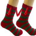 Red and green striped plush warm slipper socks with bone-shaped cutouts for magnetic suction couple use