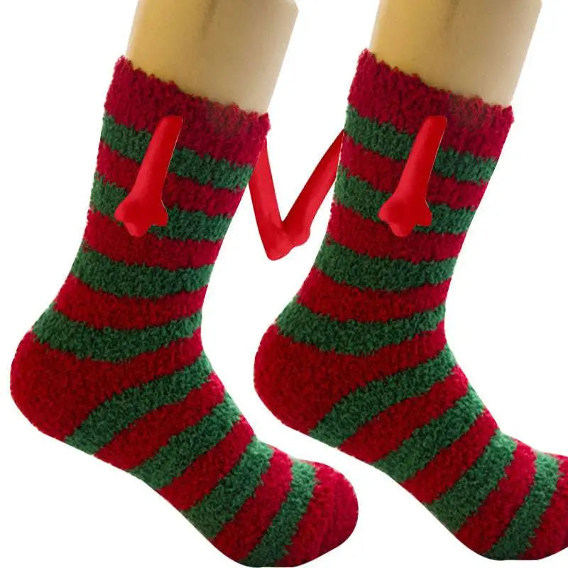 Red and green striped plush warm slipper socks with bone-shaped cutouts for magnetic suction couple use