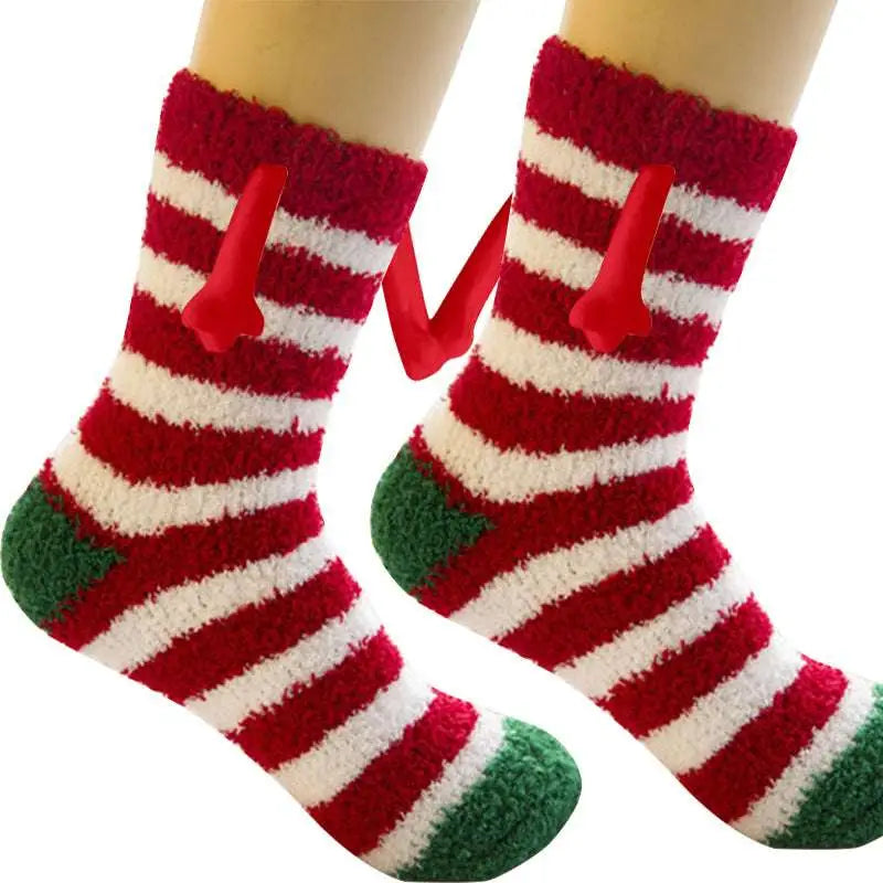 Christmas supplies magnetic suction couple socks are red and white striped warm slipper socks with green toes and red bone decorations