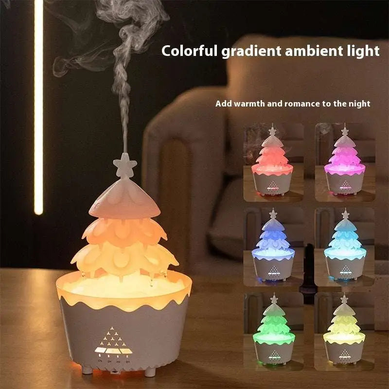 White ceramic christmas tree essential oil aroma diffuser humidifier with star topper and warm ambient light tiers