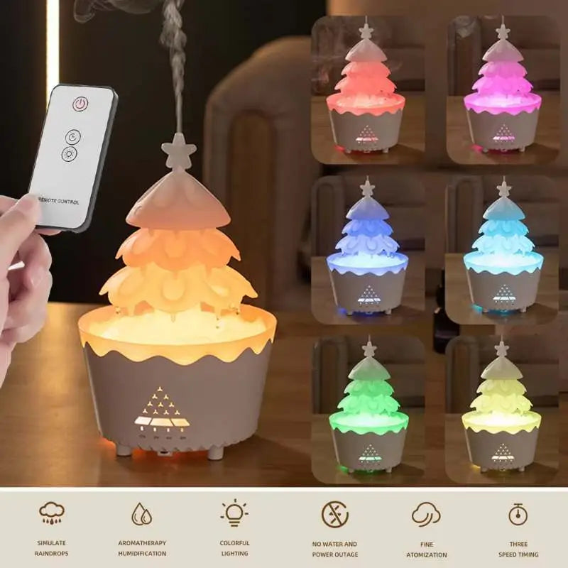 A festive christmas tree essential oil aroma diffuser humidifier with a soft gray base and warm orange glow