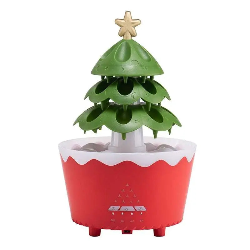 Red and white christmas tree essential oil aroma diffuser humidifier with green tiers gold star topper and control buttons