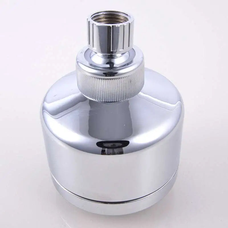 Chrome plastic small shower head with sleek cylindrical design and chrome finish featuring a threaded connection