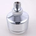Chrome plastic small shower head with sleek cylindrical design and chrome finish featuring a threaded connection