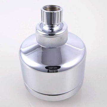 Chrome plastic small shower head with sleek cylindrical design and chrome finish featuring a threaded connection