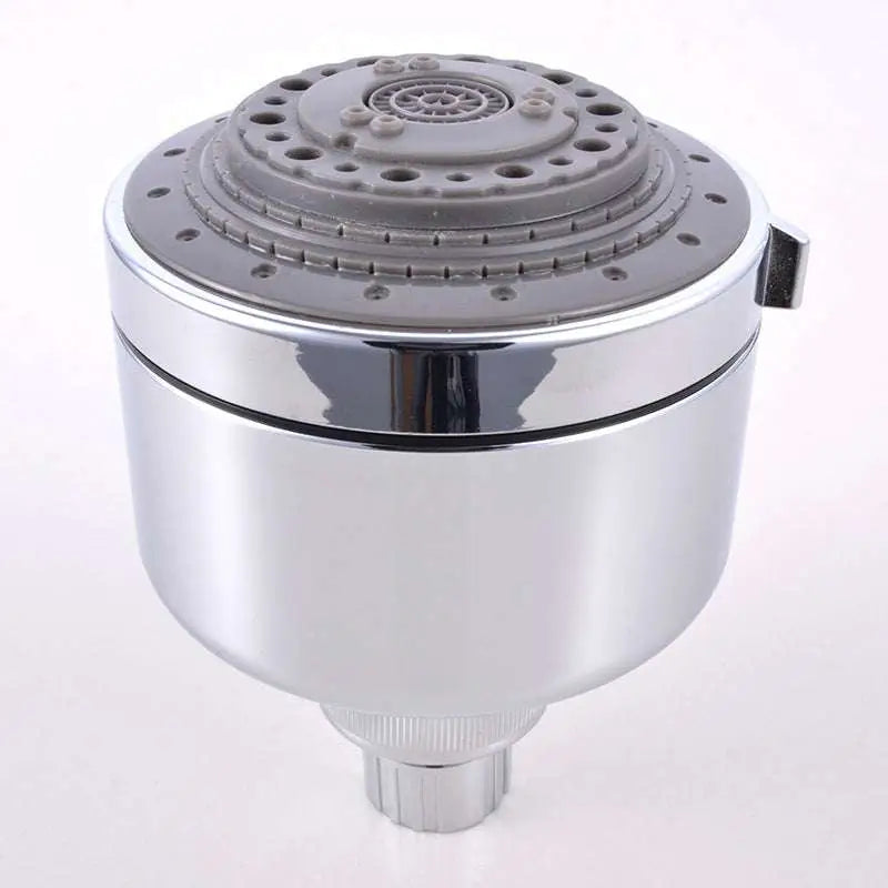 Chrome plastic small shower head with chrome finish gray multi-hole spray face and sleek cylindrical design