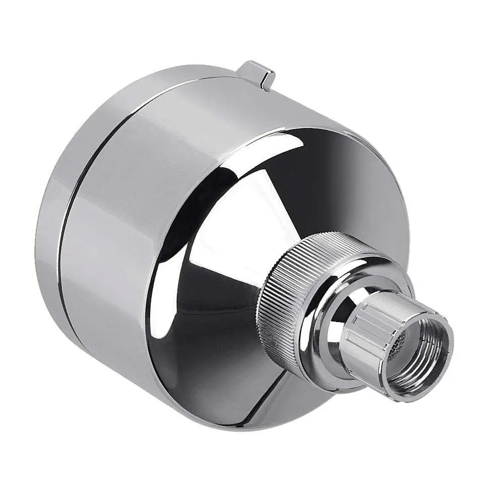 Chrome plastic small shower head with chrome finish, sleek cylindrical design, and textured grip on adjustment knob