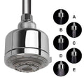 Chrome plastic small shower head with sleek cylindrical design and multiple spray plastic small settings shown in insets