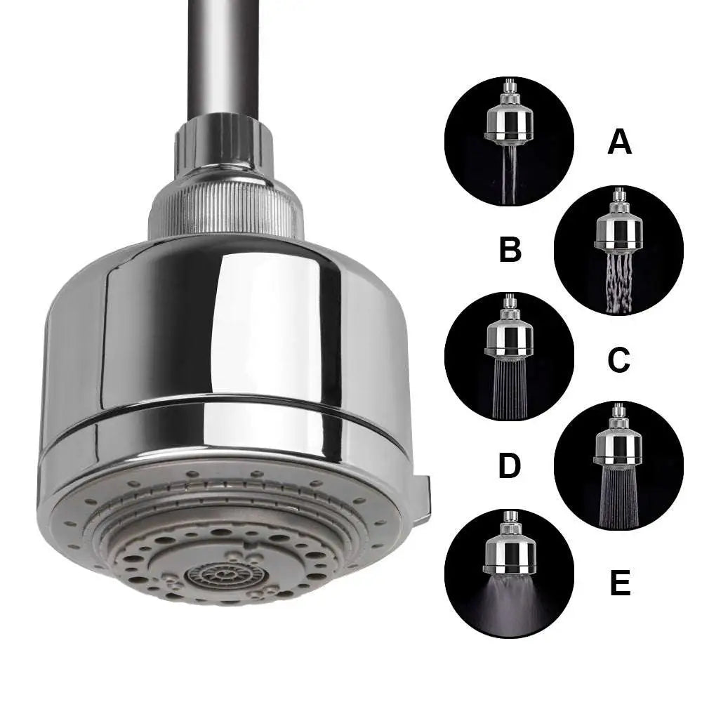 Chrome plastic small shower head with sleek cylindrical design and multiple spray plastic small settings shown in insets